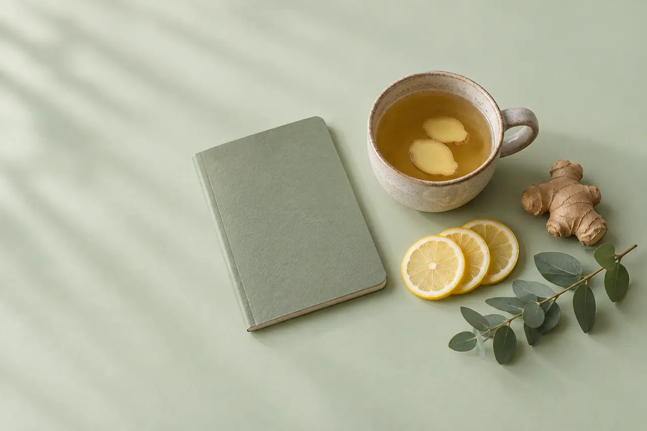 Sur un papier vert sauge pâle, un petit carnet de santé fermé, une tasse d’infusion au gingembre, un morceau de gingembre, des tranches de citron et un brin de feuillage.