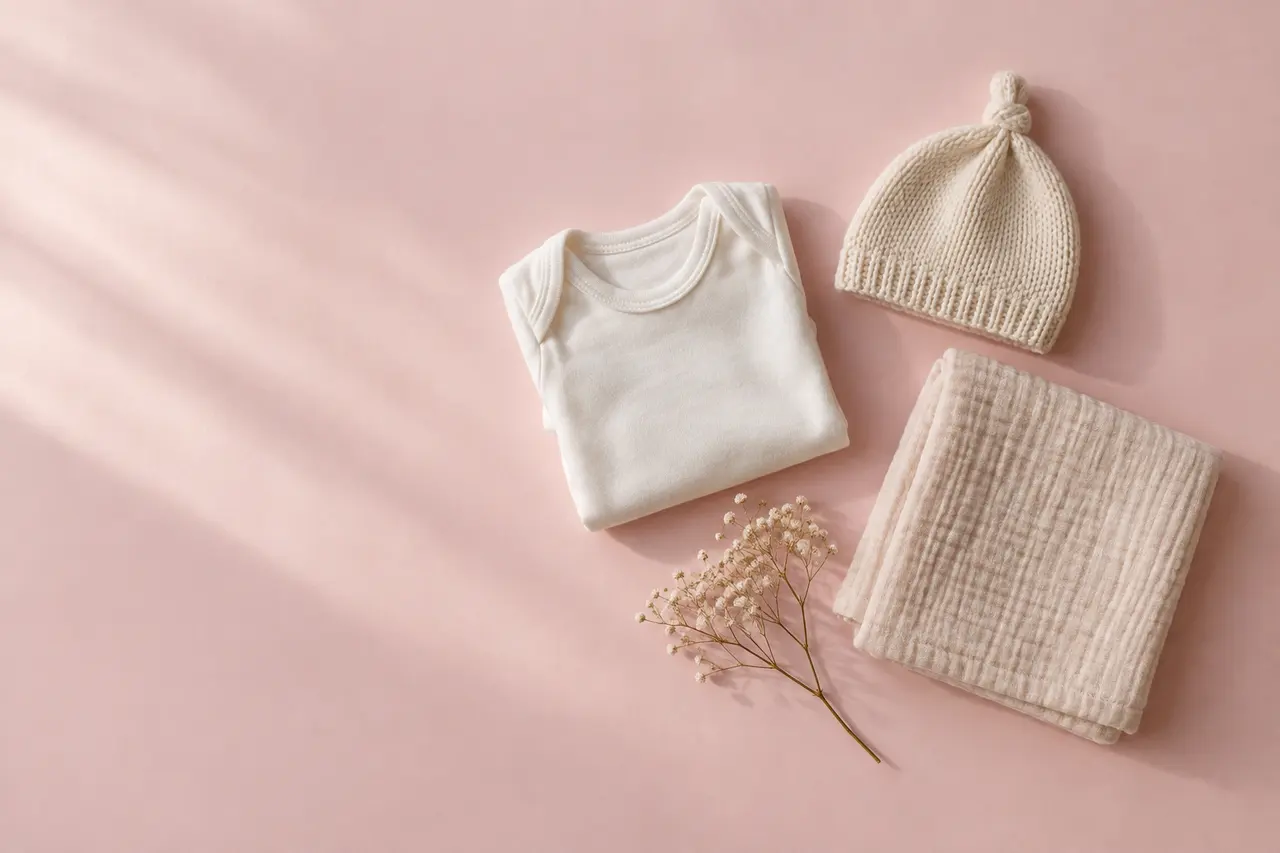 Sur un papier rose pâle, un body de naissance plié, un bonnet tricoté, un lange de mousseline et un brin de gypsophile.