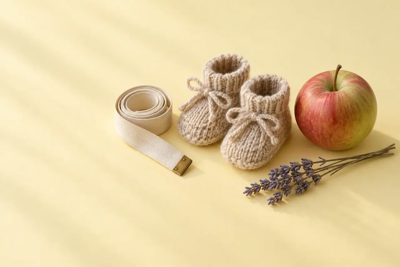 Sur un papier jaune beurre pâle, un ruban de couturière enroulé, une paire de petits chaussons de laine, une pomme et un brin de lavande.