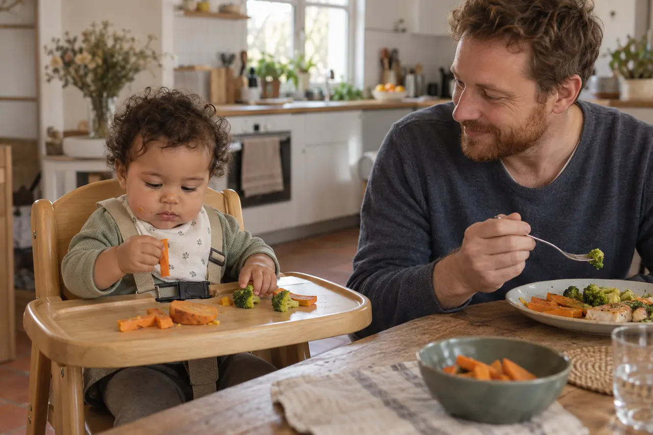 Un bébé de 10 mois assis dans sa chaise haute attrape des morceaux fondants avec les doigts, son père assis à côté.