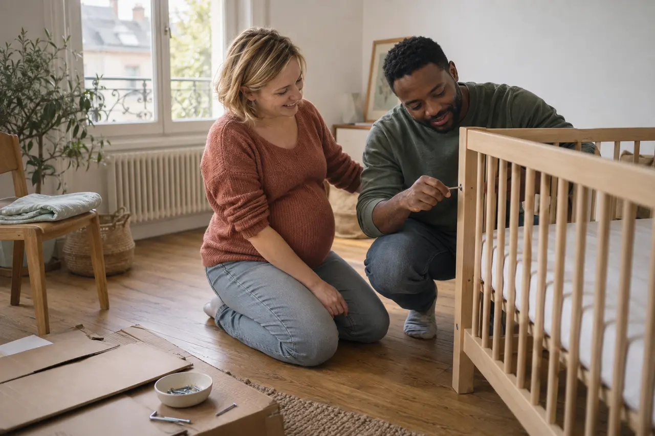Un couple qui attend un bébé monte ensemble le lit à barreaux dans la petite chambre.