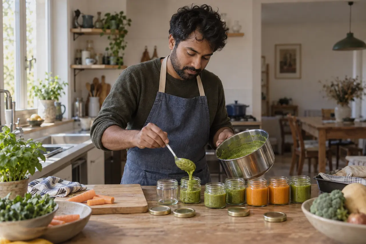 Un parent remplit de petits pots en verre de purées maison, sur le plan de travail.