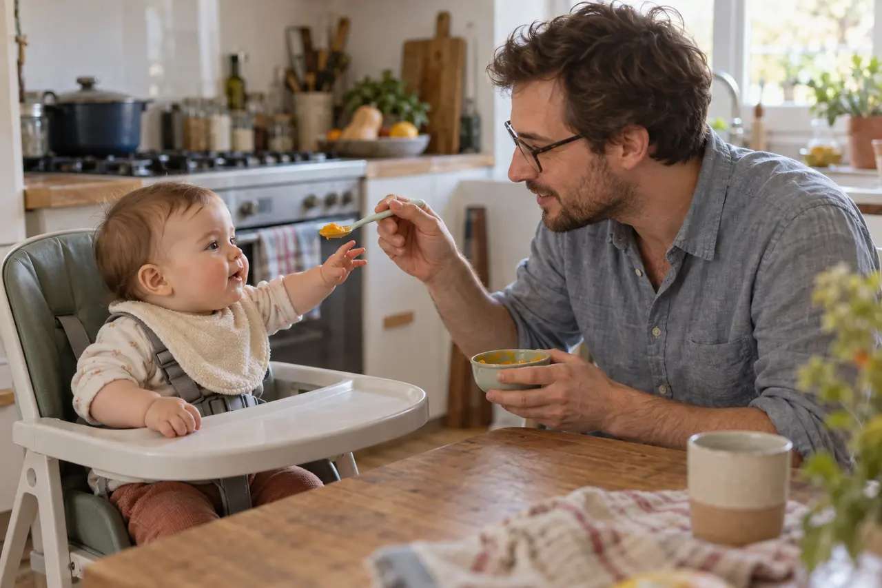 Un bébé de 7 mois dans sa chaise haute, son père lui tend une cuillère de purée.