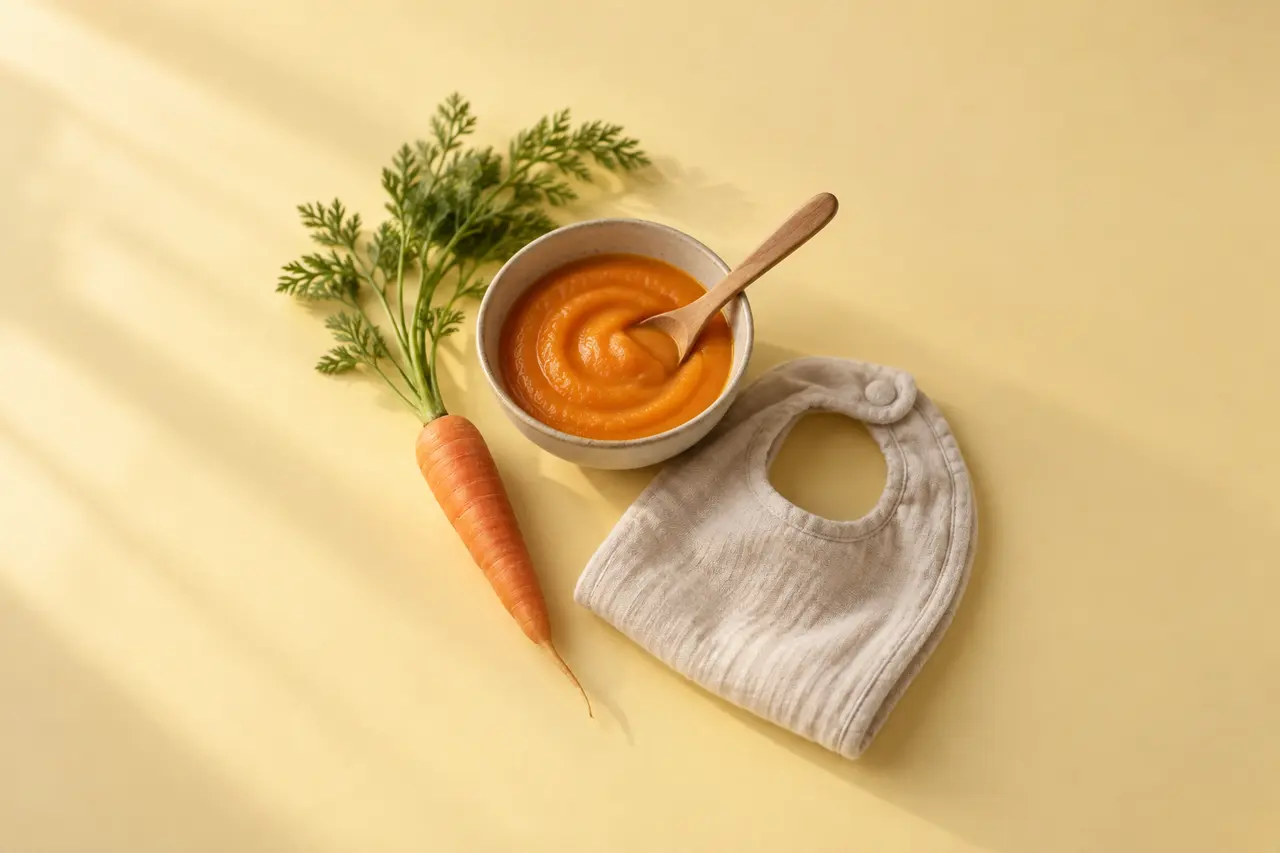 Sur un papier jaune beurre, un bol de purée de carotte lisse et sa cuillère en bois, un bavoir en lin et une carotte.