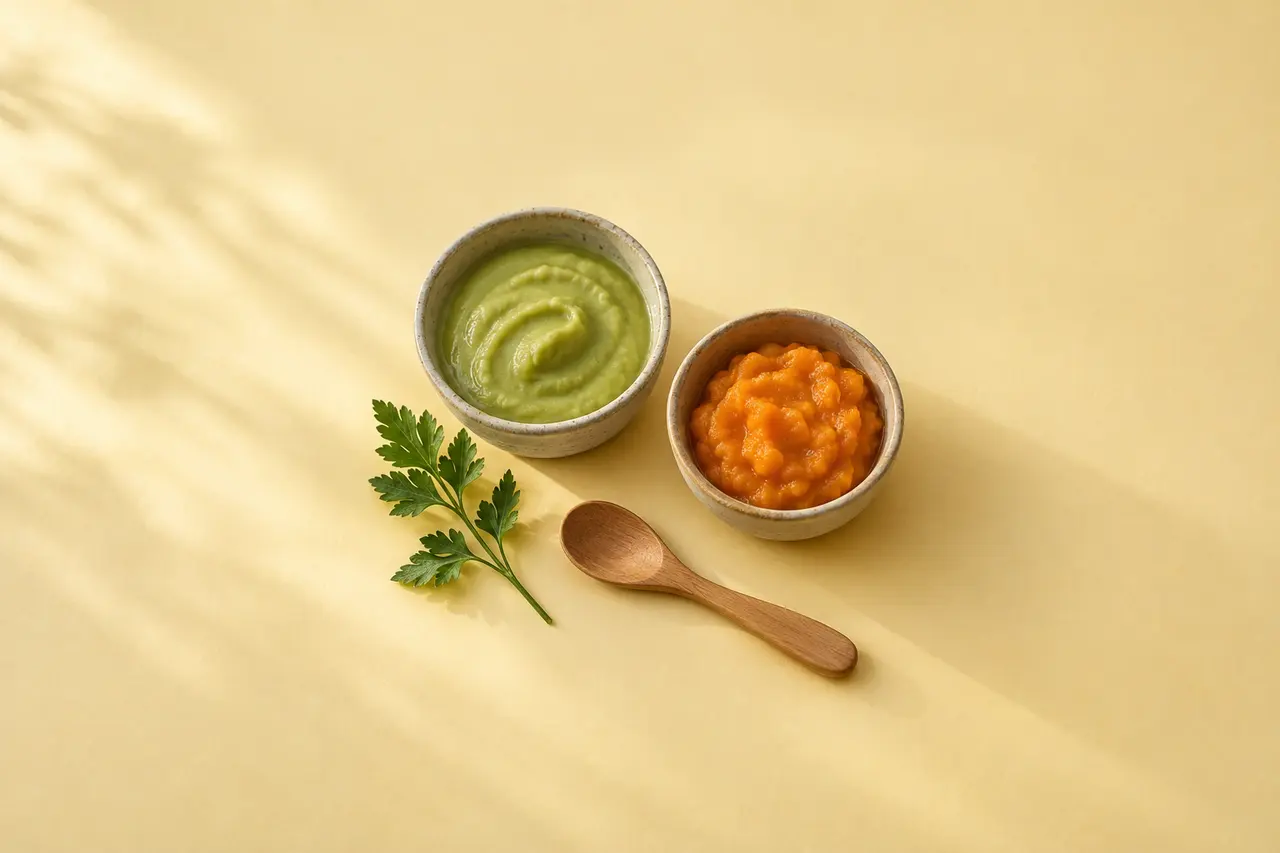 Sur un papier jaune beurre, deux petits bols de purée, l’une lisse et verte, l’autre plus épaisse et orange, une cuillère en bois et du persil.