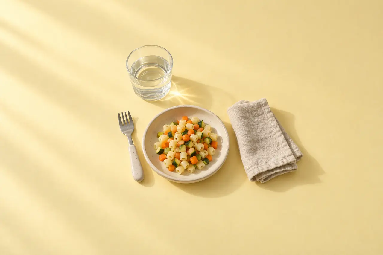 Sur un papier jaune beurre, une petite assiette d’enfant de pâtes aux petits légumes, une fourchette d’enfant, un verre d’eau et une serviette.