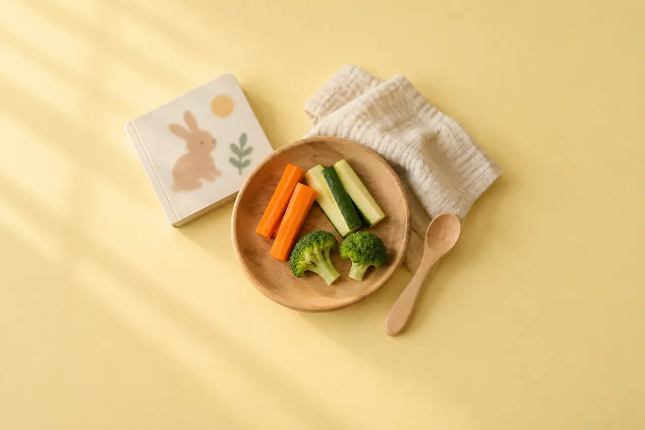 Sur un papier jaune beurre, une petite assiette en bois de bâtonnets de légumes vapeur fondants et deux bouquets de brocoli, une cuillère en bois.