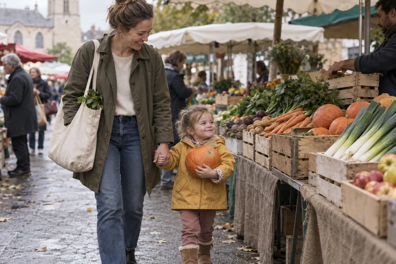 Au marché, une mère et son enfant de 2 ans choisissent des légumes.
