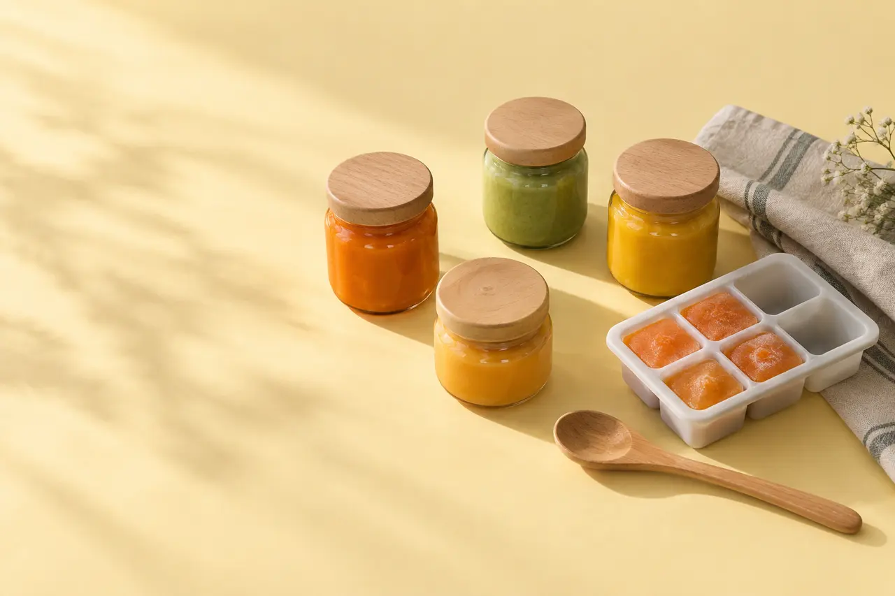 Sur un papier jaune beurre, des pots de purées en verre, un bac à glaçons de portions congelées, une cuillère en bois et un torchon de lin.