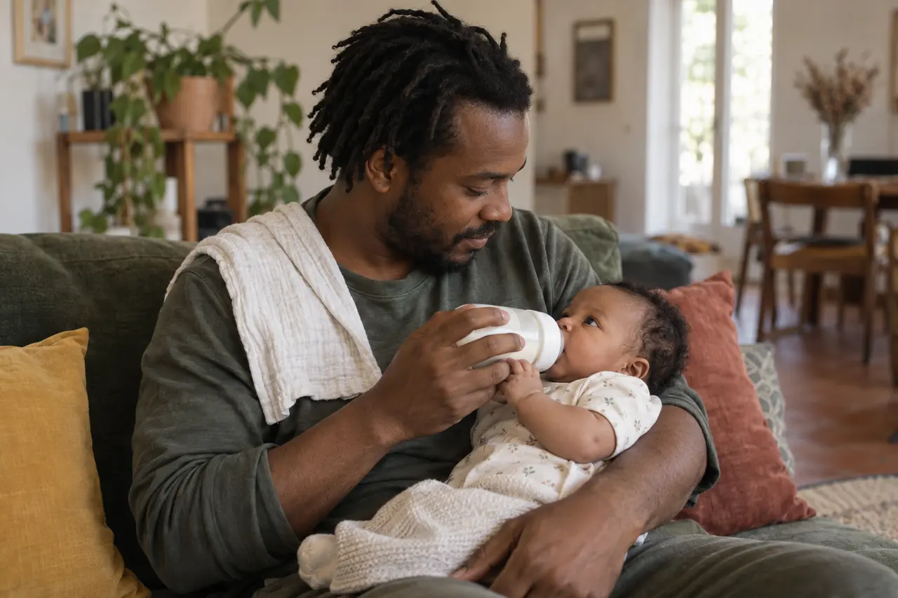 Un père donne le biberon à son bébé de 2 mois, tenu presque assis dans ses bras.