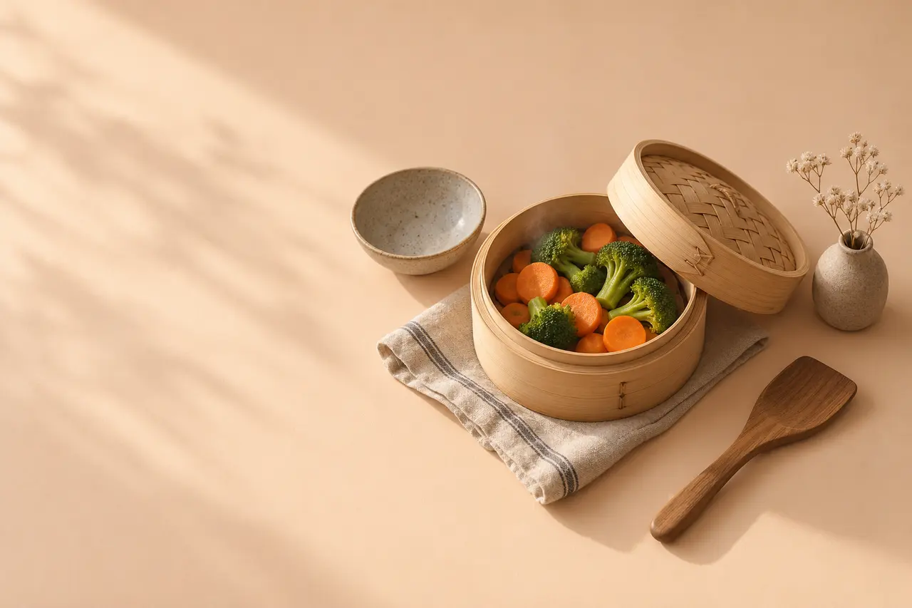 Sur un papier abricot, un panier vapeur en bambou de carottes et de brocoli, un petit bol, une spatule en bois et un torchon rayé.