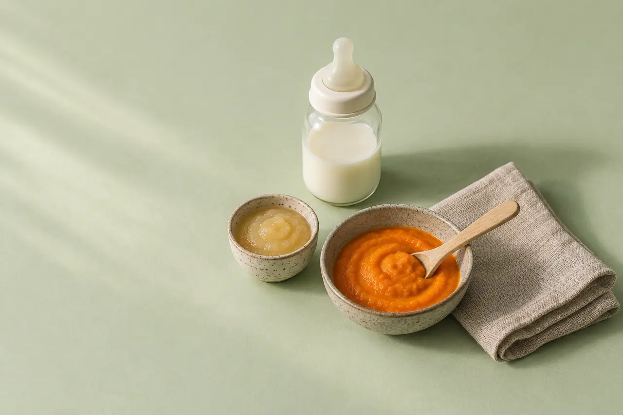 Sur un papier vert sauge, un biberon de lait, un bol de purée de carotte et sa cuillère en bois, une coupelle de compote et une serviette de lin.