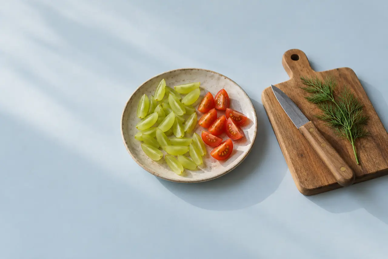 Sur un papier bleu poudré, une assiette de raisins et de tomates cerises coupés en quatre, une planche, un petit couteau et un brin d’aneth.
