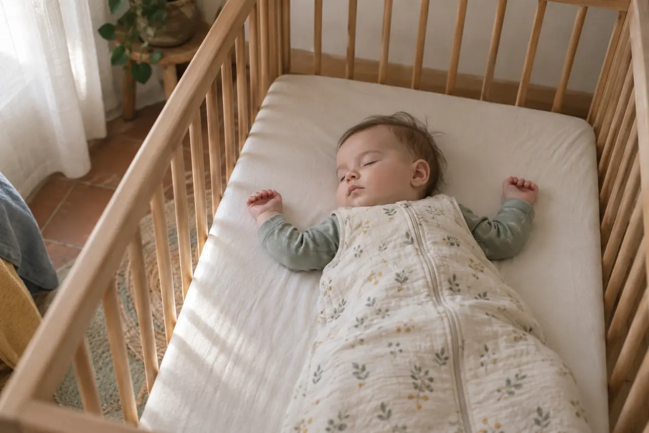Un bébé de 4 mois dort sur le dos, dans une gigoteuse, dans un lit à barreaux vide : ni oreiller, ni tour de lit, ni couverture, ni peluche.