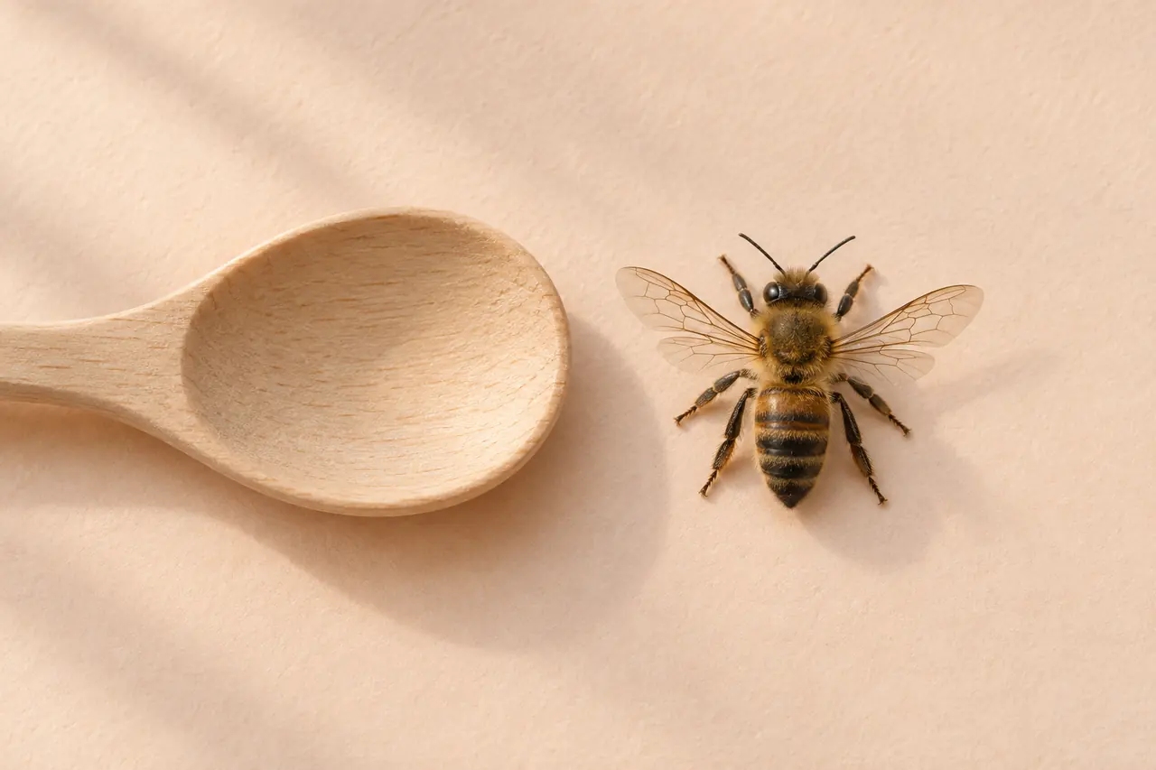 Une abeille sur un papier pêche, près du cuilleron d’une petite cuillère en bois.