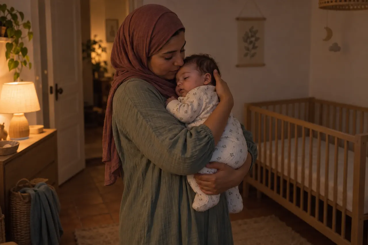 Dans la pénombre, une mère berce son bébé de 2 mois dans ses bras.