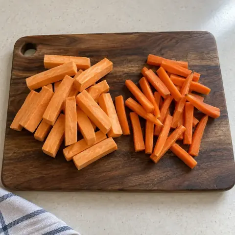 Étape 2 : Coupez la patate douce en bâtonnets de 5 cm de long, épais de 1,5 cm, et les carottes en bâtonnets de 5 cm, épais de 1 cm. Faites précuire les carottes 8 minutes à la vapeur : plus fermes, elles doivent finir aussi fondantes que la patate douce.