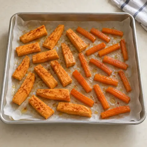 Étape 3 : Enrobez-les d’huile de colza et de paprika, puis étalez-les sur une plaque couverte de papier cuisson.