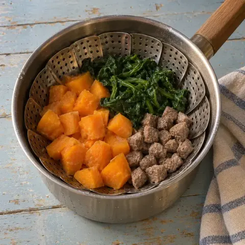 Étape 2 : Faites cuire la patate douce et les dés de bœuf 15 minutes à la vapeur, ajoutez les épinards par poignées et poursuivez 5 minutes (8 minutes s’ils sont surgelés) : la lame d’un couteau doit s’enfoncer sans résistance dans la patate douce.