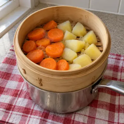 Étape 1 : Faites cuire la carotte et la pomme de terre 15 minutes à la vapeur, puis laissez tiédir.