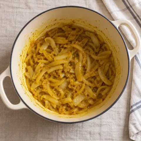 Étape 1 : Dans une grande marmite, faites revenir l’oignon 5 minutes dans 1 c. à soupe d’huile. Ajoutez l’ail, le cumin, le curcuma et la cannelle, remuez 1 minute.