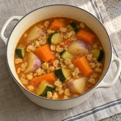 Étape 3 : Ajoutez les courgettes et les pois chiches et laissez cuire encore 15 minutes : tous les légumes doivent être très tendres.