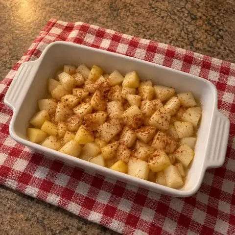 Étape 2 : Mettez la pomme et la poire dans un petit plat avec la cannelle et l’eau.