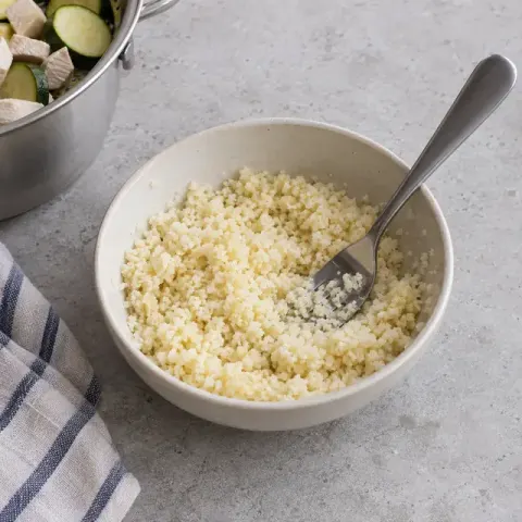 Étape 2 : Pendant ce temps, prélevez 120 ml d’eau bien chaude dans le cuit-vapeur, versez-la sur la semoule, couvrez et laissez gonfler 5 minutes, puis égrenez à la fourchette.