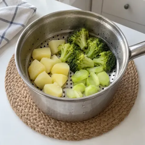 Étape 1 : Faites cuire les cubes de pomme de terre 8 minutes à la vapeur, ajoutez les bouquets et les rondelles de tige de brocoli et poursuivez 12 minutes : la lame d’un couteau doit s’enfoncer sans résistance dans la pomme de terre et dans le pied des bouquets.
