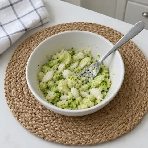 Étape 3 : Écrasez la pomme de terre et le brocoli à la fourchette avec 3 à 4 c. à soupe d’eau de cuisson et la muscade, en gardant de petits grains tendres, puis mélangez le cabillaud. Partagez en 4 portions.