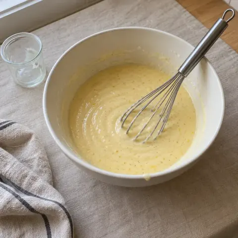 Étape 2 : Fouettez le yaourt avec les œufs, la compote, l’huile, les graines de vanille et le zeste de citron.
