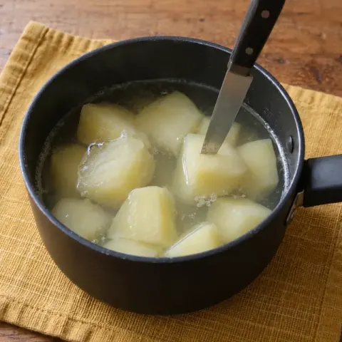 Étape 1 : Faites cuire les pommes de terre 20 à 25 minutes dans une grande casserole d’eau, jusqu’à ce que la pointe d’un couteau s’y enfonce sans résistance.