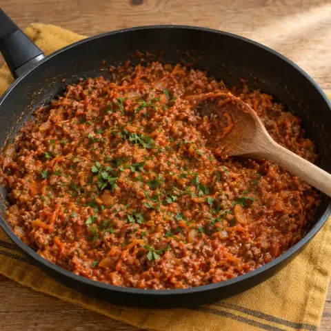 Étape 3 : Ajoutez les carottes râpées, l’ail, le thym et le coulis de tomate. Couvrez et laissez mijoter 10 minutes à feu doux. Retirez le thym et ajoutez le persil.