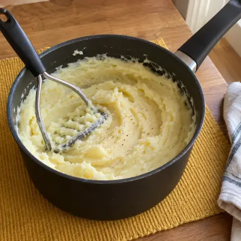 Étape 4 : Préchauffez le four à 200 °C. Égouttez les pommes de terre et écrasez-les au presse-purée avec le lait chaud, le beurre et la muscade.