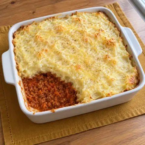 Étape 5 : Étalez la viande dans un plat à gratin, couvrez de purée et parsemez de fromage. Enfournez 20 minutes, jusqu’à ce que le dessus soit doré.