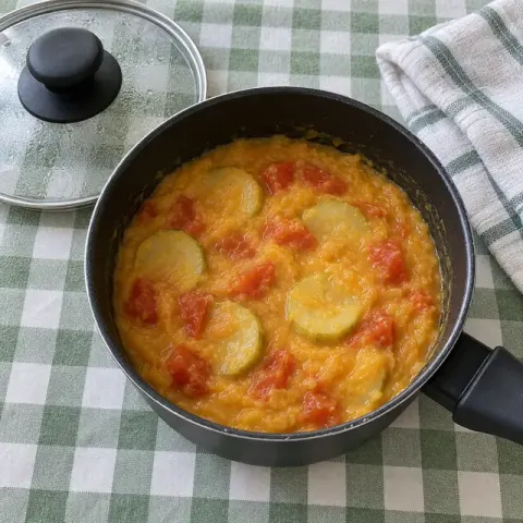 Étape 3 : Mettez les lentilles, la courgette, la tomate et l’eau dans une casserole. Portez à frémissement et laissez cuire 18 minutes à couvert : les lentilles doivent se défaire complètement.