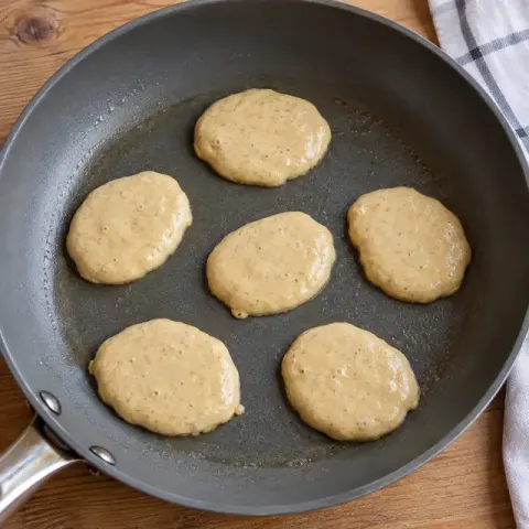 Étape 3 : Faites chauffer une poêle antiadhésive légèrement beurrée à feu moyen-doux. Déposez des cuillerées à soupe de pâte en petits ovales épais de 1 cm.
