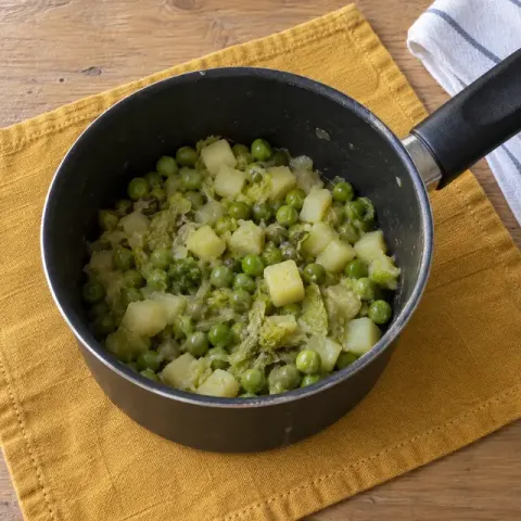 Étape 1 : Mettez l’échalote, les petits pois, les dés de pomme de terre et la laitue dans une casserole avec 150 ml d’eau. Couvrez et laissez cuire 20 minutes à feu doux : les petits pois et les dés de pomme de terre doivent s’écraser sans effort entre votre pouce et votre index, et presque toute l’eau être absorbée.