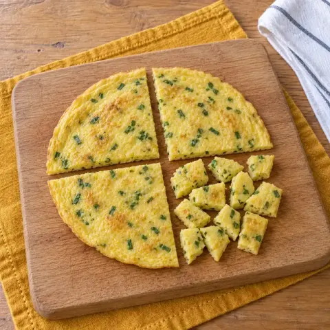 Étape 4 : Coupez l’omelette en 4 parts égales, puis une part en petits morceaux d’1 cm : chacun doit s’écraser sans effort entre votre pouce et votre index.