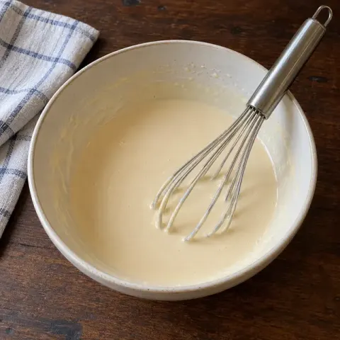 Étape 1 : Mettez la farine dans un saladier, creusez un puits, cassez-y l’œuf et fouettez en versant le lait petit à petit, jusqu’à une pâte lisse et fluide. Ajoutez l’huile et laissez reposer le temps de préparer la compote.