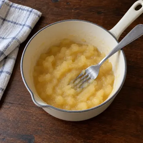 Étape 2 : Faites cuire les pommes 10 minutes à couvert avec l’eau et la cannelle, puis écrasez-les à la fourchette.