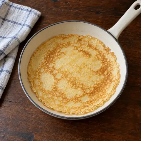 Étape 3 : Beurrez légèrement une petite poêle de 16 cm à feu moyen, versez une petite louche de pâte et inclinez la poêle pour la répartir. Faites cuire 1 à 2 minutes par face : la crêpe doit être dorée, sans aucune pâte liquide. Vous obtenez 8 petites crêpes.