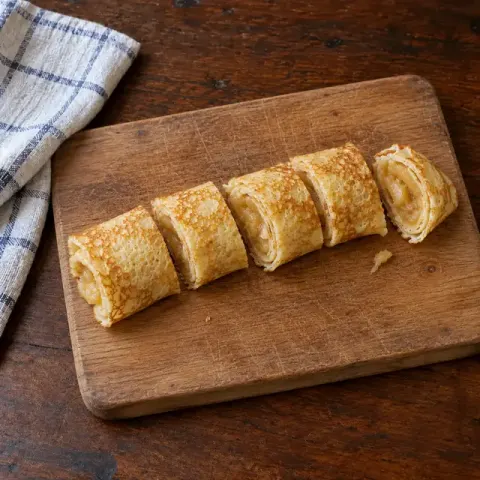 Étape 4 : Tartinez une crêpe tiède de 2 cuillerées à soupe de compote, roulez-la et coupez-la en tronçons de 5 cm.