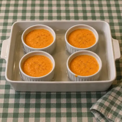 Étape 4 : Beurrez 4 petits ramequins, répartissez la préparation et posez-les dans un plat rempli d’eau chaude à mi-hauteur.