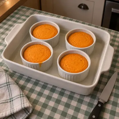 Étape 5 : Faites cuire 25 minutes. Le flan est prêt quand il est ferme au centre et que la lame d’un couteau ressort sèche ; sinon, prolongez de 5 minutes.