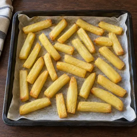 Étape 1 : Préchauffez le four à 210 °C. Mélangez les bâtonnets de pommes de terre avec 1 c. à soupe d’huile, étalez-les sur une plaque couverte de papier cuisson et enfournez 35 minutes, en les retournant à mi-cuisson.