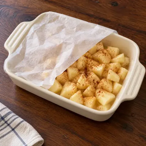 Étape 2 : Mettez les dés dans un petit plat avec l’eau et la cannelle, mélangez et couvrez d’un couvercle ou d’une feuille de papier cuisson.