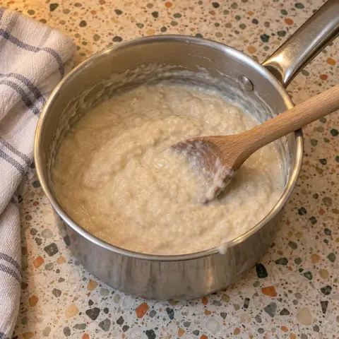 Étape 2 : Faites chauffer le lait dans une petite casserole, versez les flocons et laissez cuire 4 minutes à feu doux en remuant, jusqu’à ce que le porridge épaississe et que les flocons soient tout tendres.