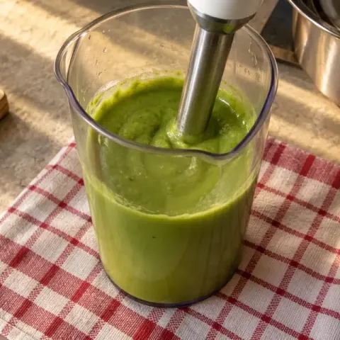 Étape 3 : Mixez avec 3 à 4 c. à soupe d’eau de cuisson, jusqu’à obtenir une purée bien lisse.