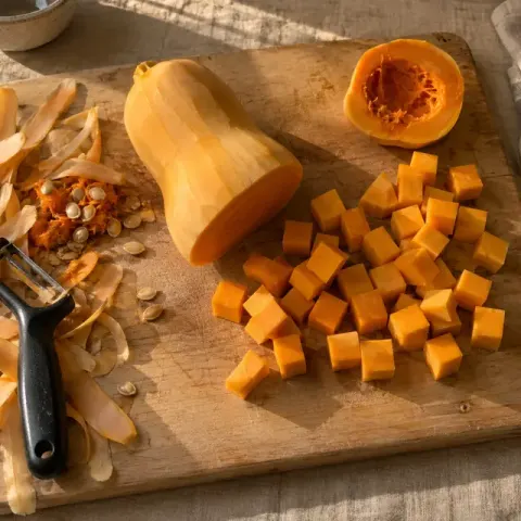 Étape 1 : Épluchez la butternut à l’économe, retirez les graines et coupez la chair en cubes de 2 cm.